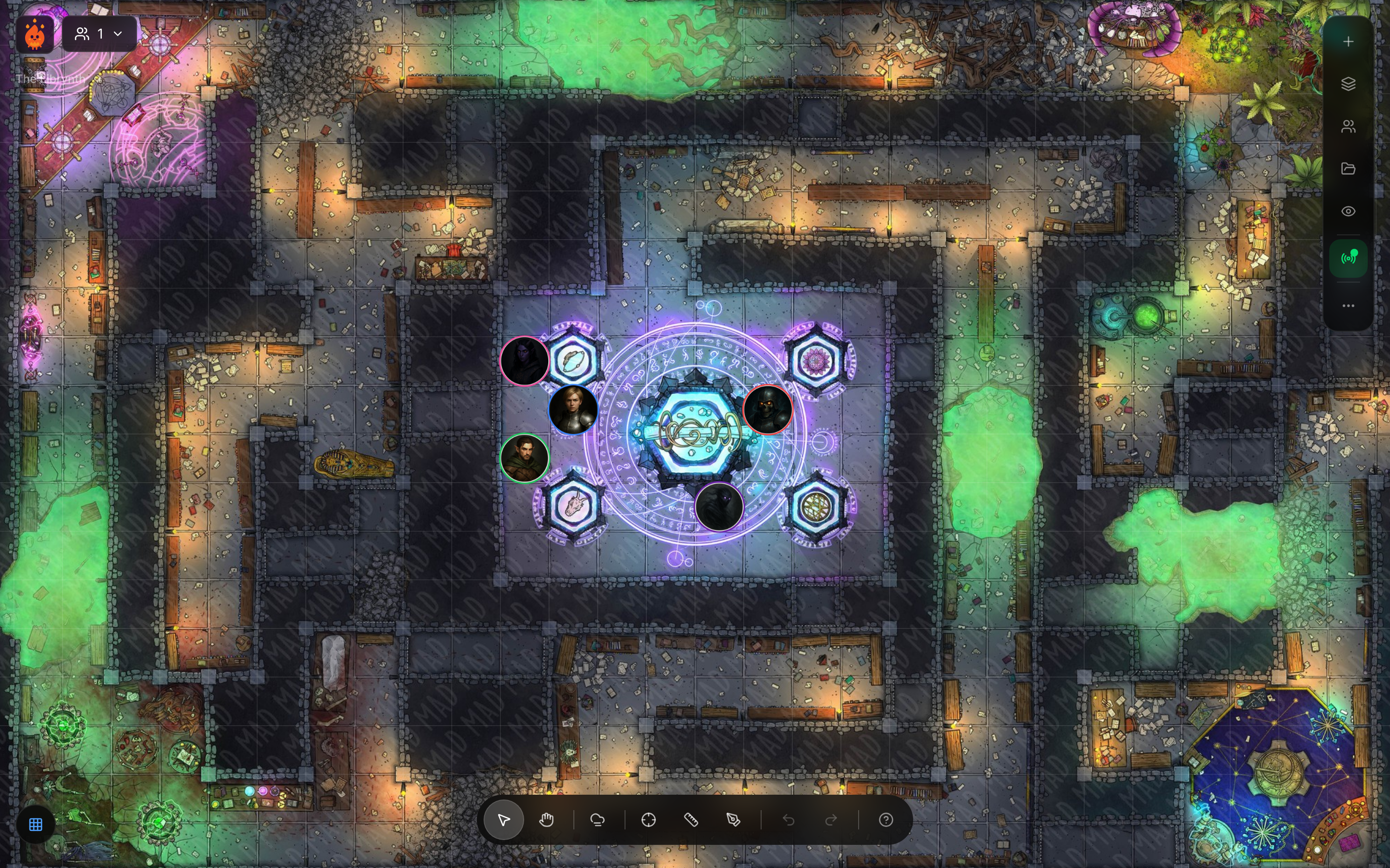 Interactive battlemap with tokens, fog of war, and dynamic lighting